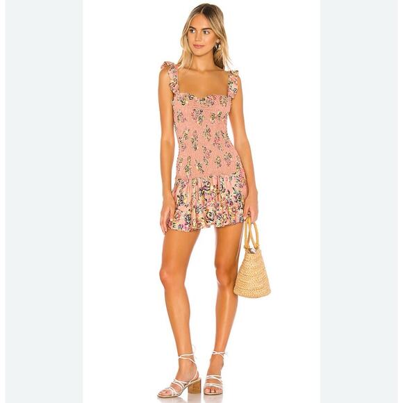 Sun Becomes Her Bodhi Pink Watercolor Rose Smocked Mini Dress S